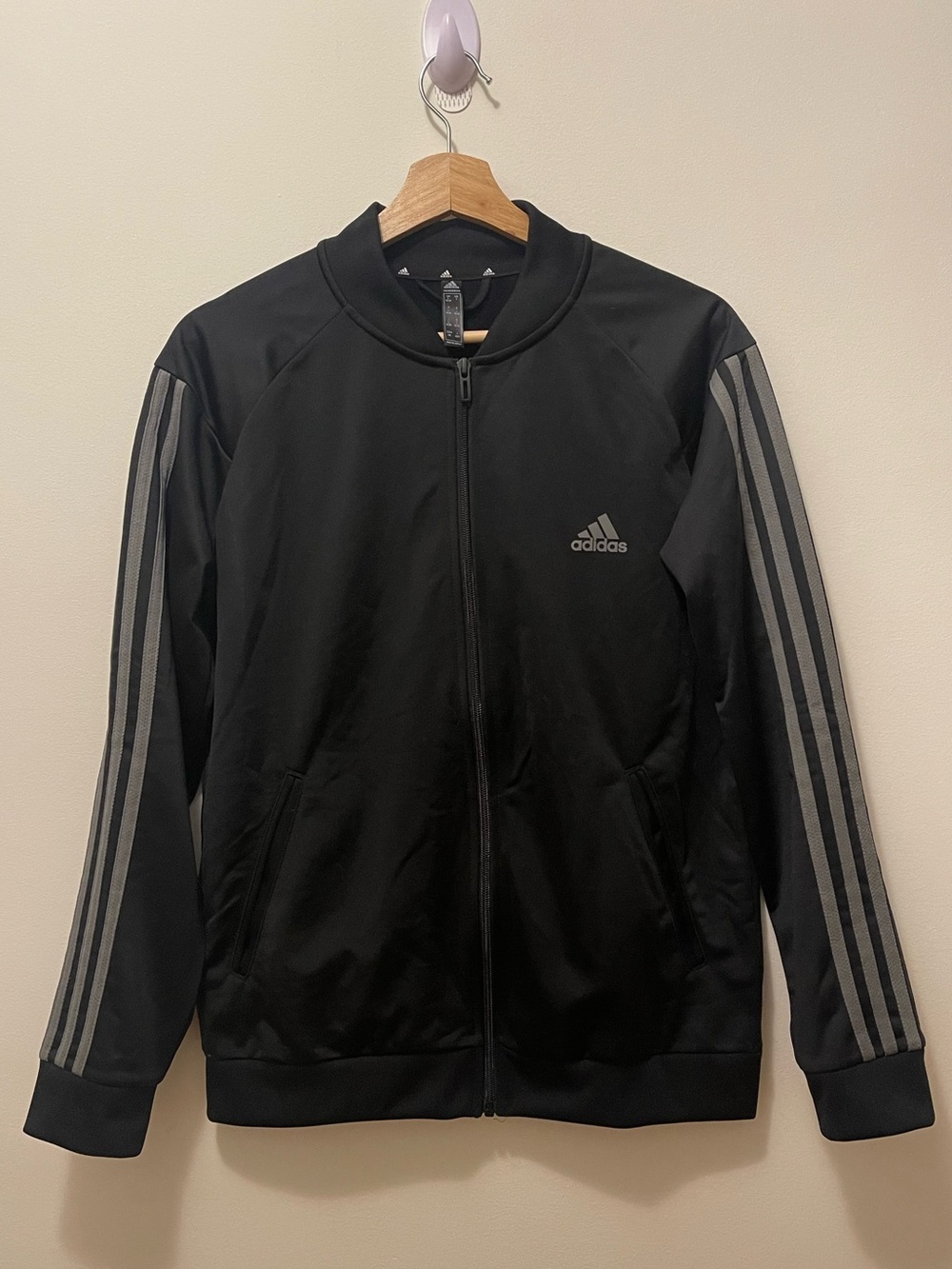 adidas Black Track Jacket with Gray Sleeve Stripes